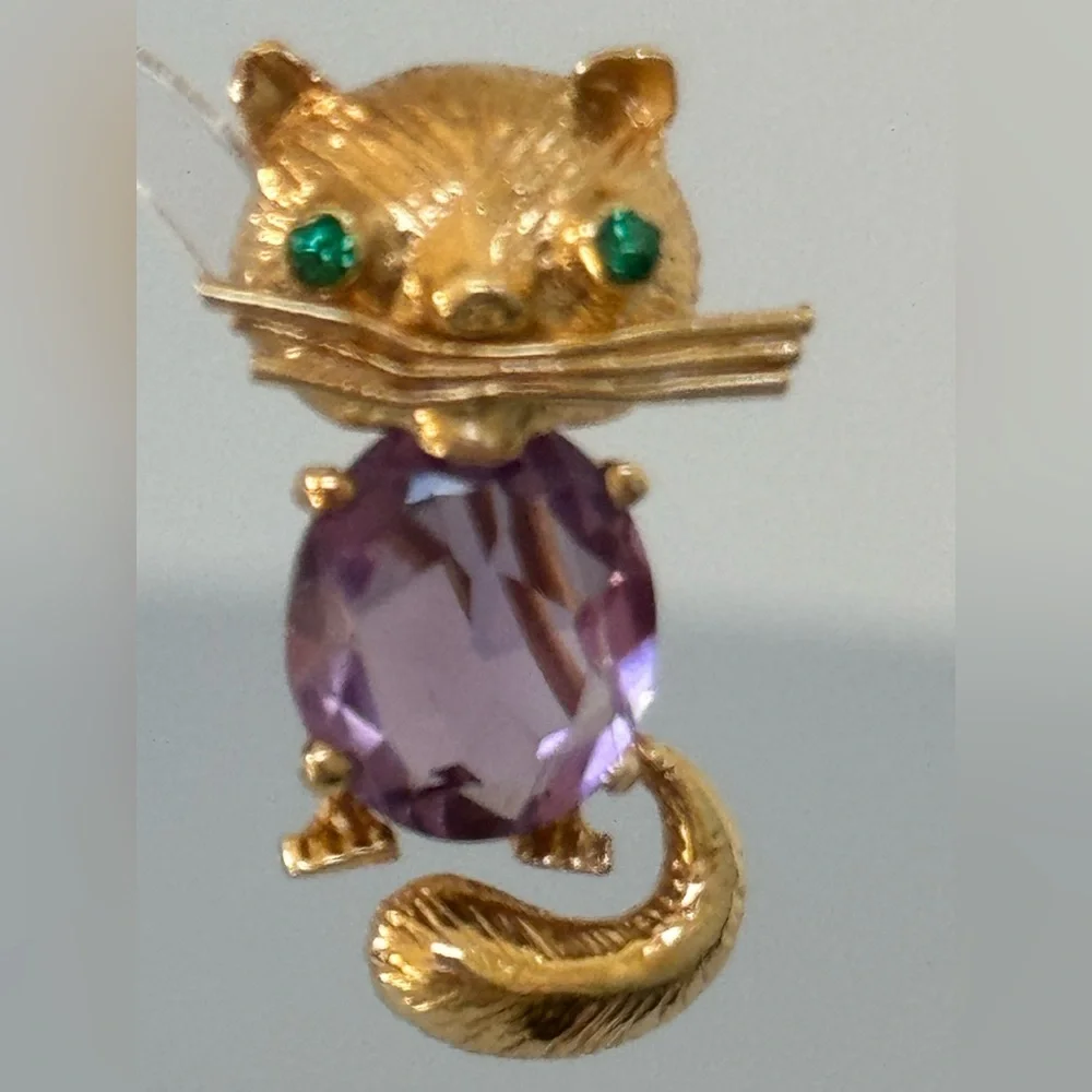 14k real solid gold amethyst emeralds eyes Cat brooch